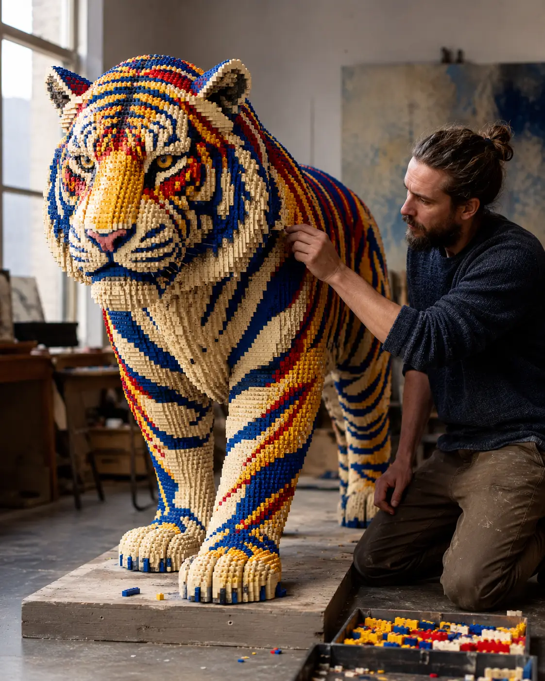 Life-size guardian tiger sculpture handcrafted from interlocking bricks