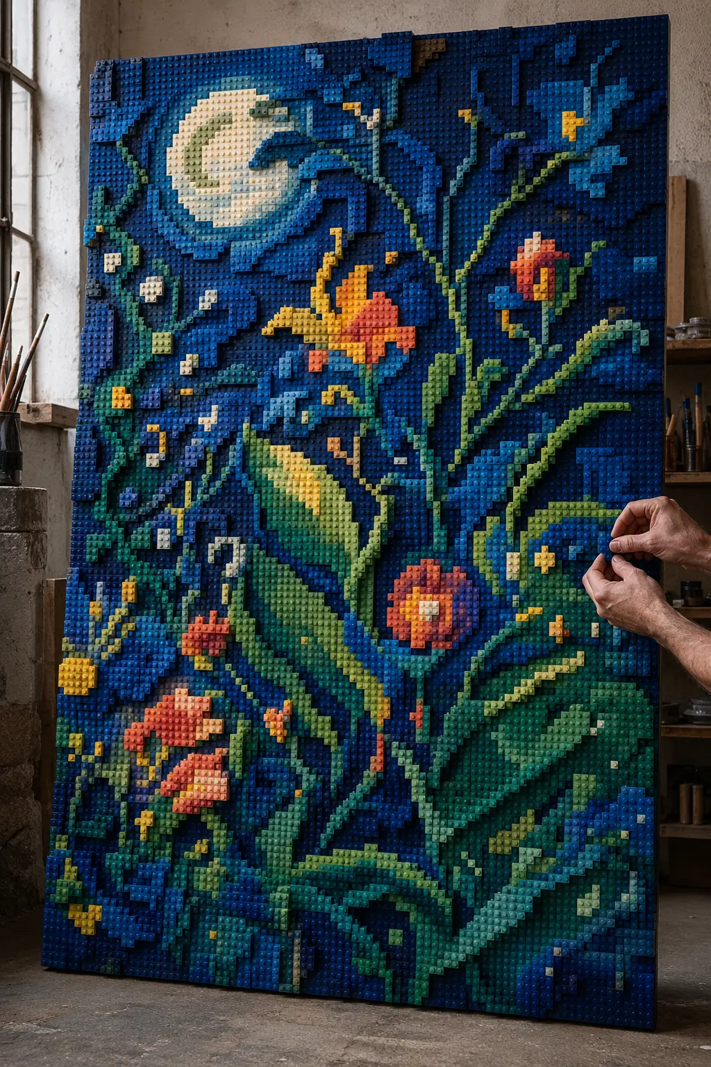 Large handcrafted botanical wall mosaic made from thousands of interlocking bricks