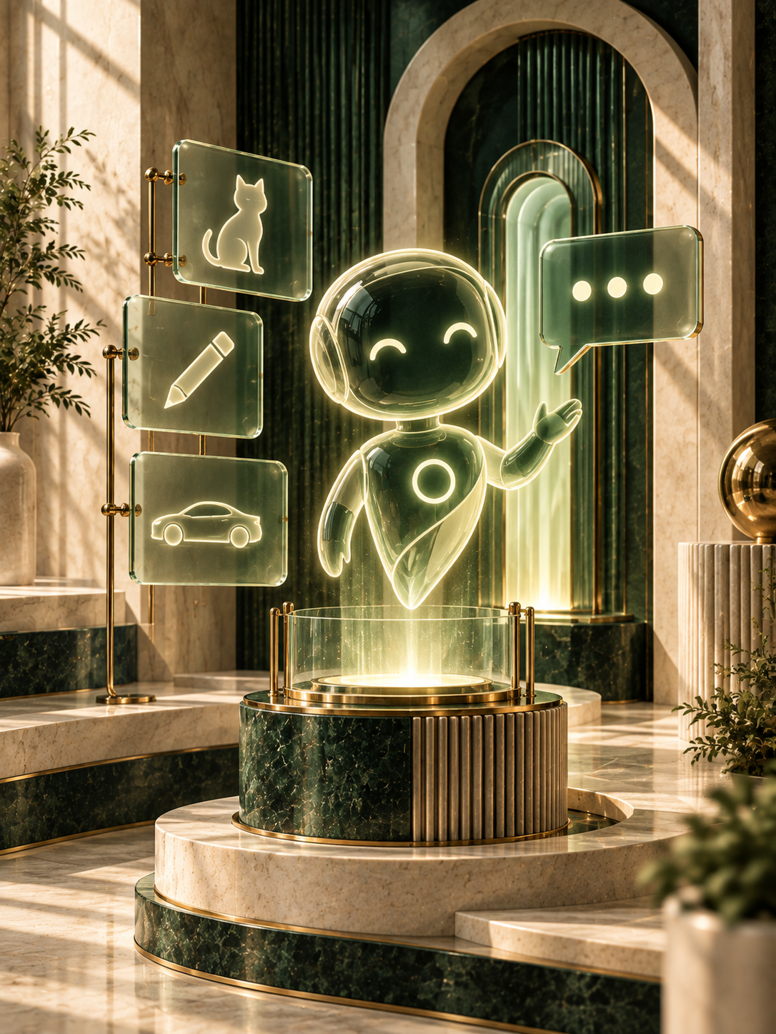 Abstracte Art Deco assistent bij een verlichte gespreksingang